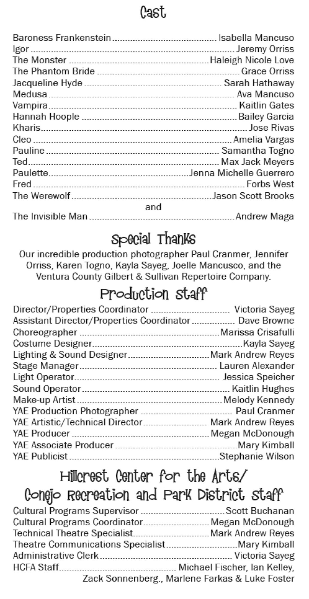 A theater program listing the cast, special thanks, production staff, and staff from Hillcrest Center for the Arts/Conejo Park District.