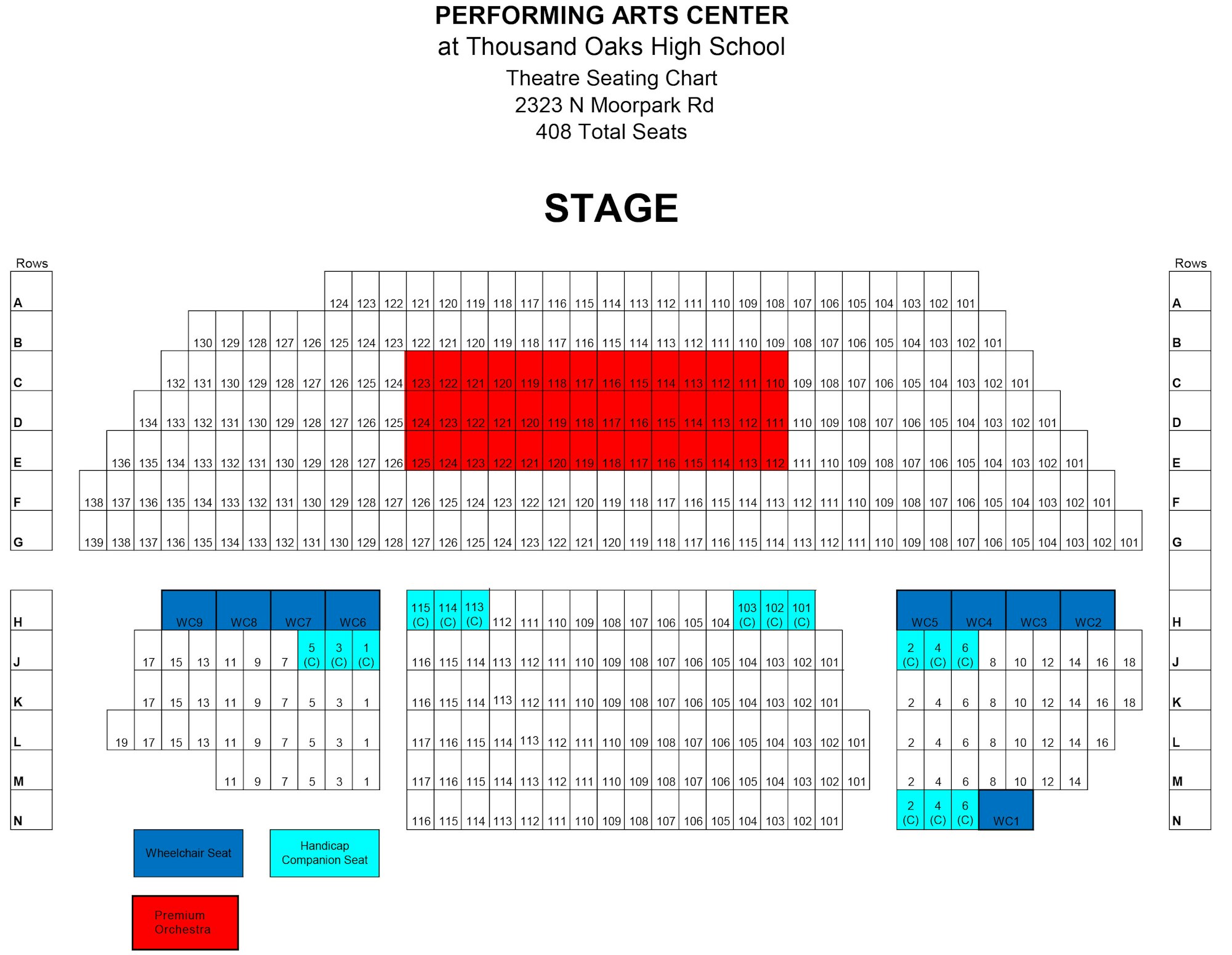 Seating chart for the Performing Arts Center at Thousand Oaks High School. Shows rows, seat numbers, and special seating options.