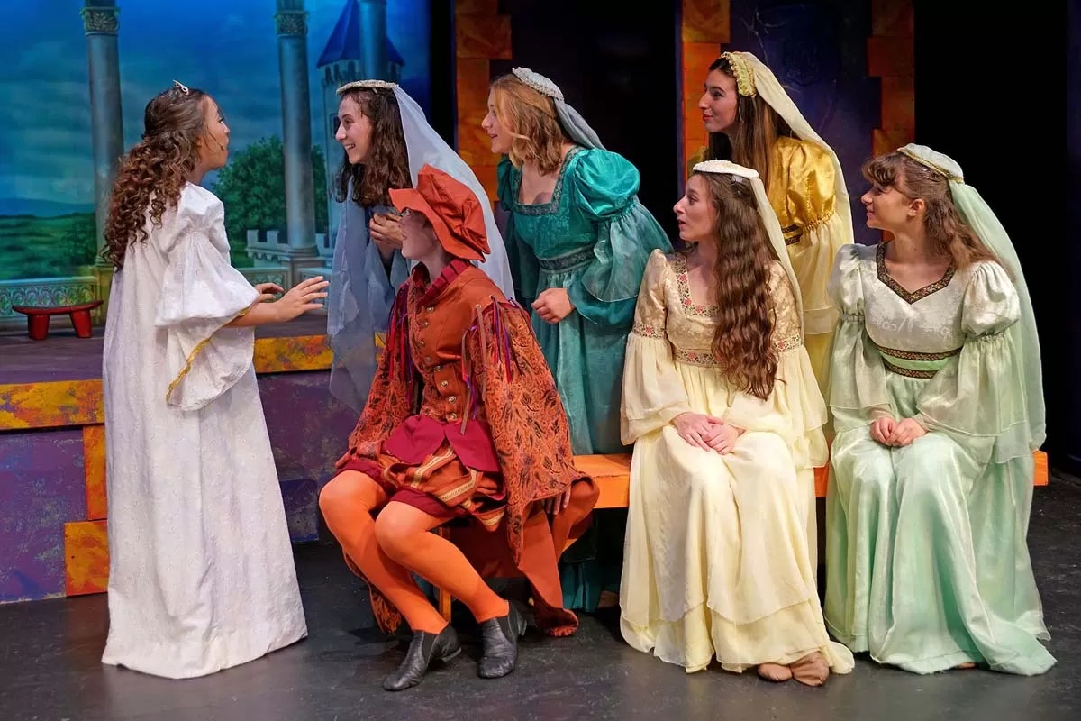 A group of people in medieval costumes are on a stage, engaged in a lively discussion.