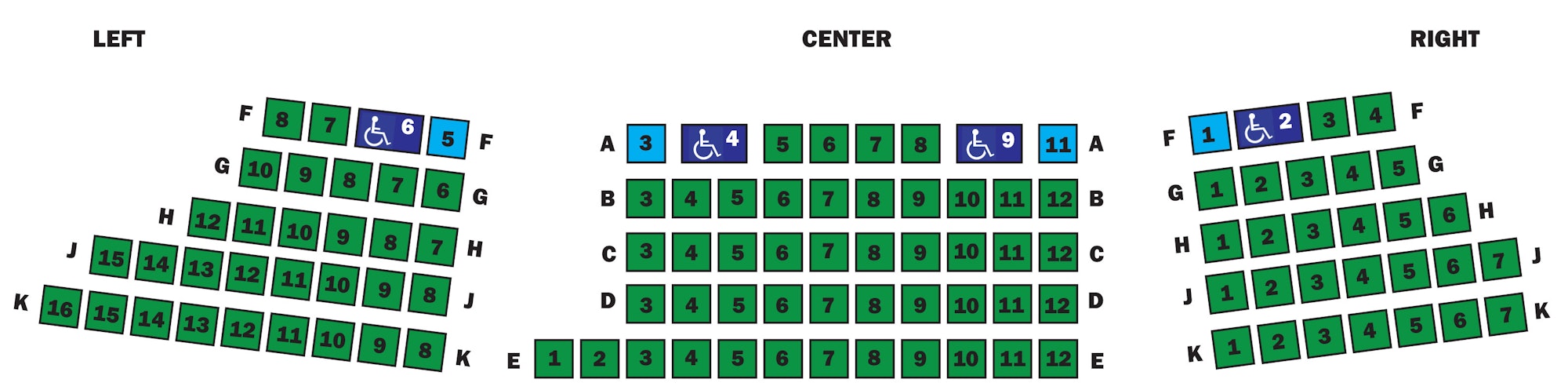 It's a seating chart showing different sections: Left, Center, and Right, with marked wheelchair-accessible seats.