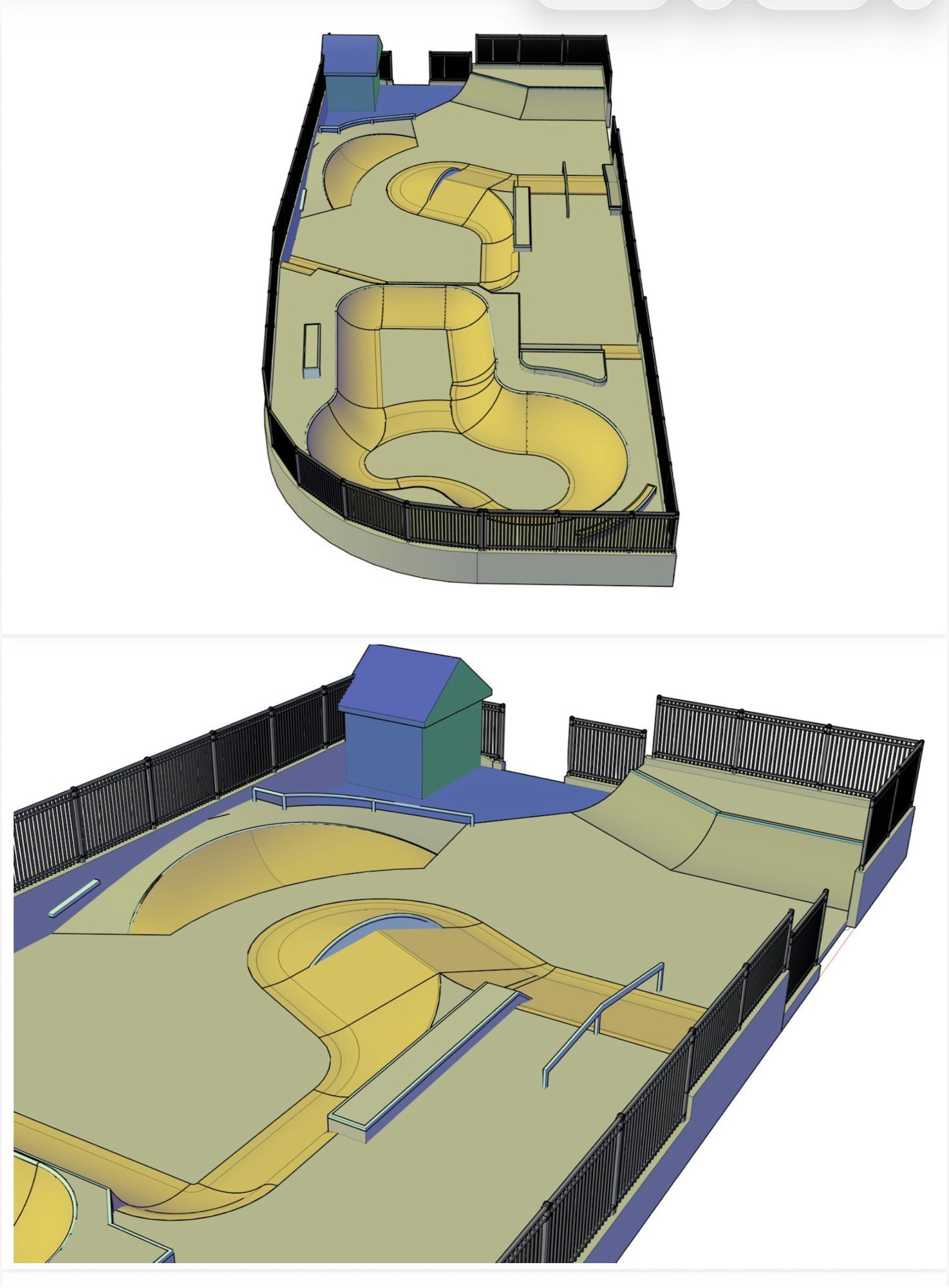 3D model of a skatepark with ramps, rails, and a small building, surrounded by a fence.