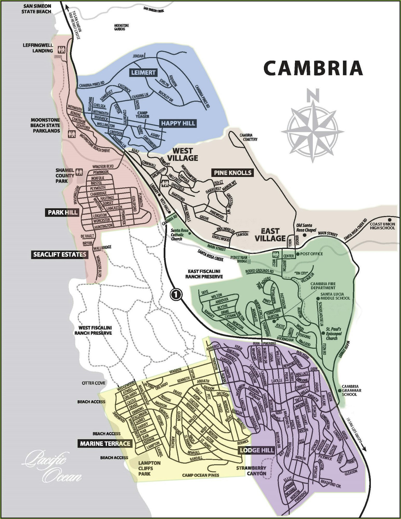 Map of Cambria, CA showing neighborhoods like West Village, Lodge Hill, Marine Terrace, Pine Knolls, Seaclift Estates, and more.