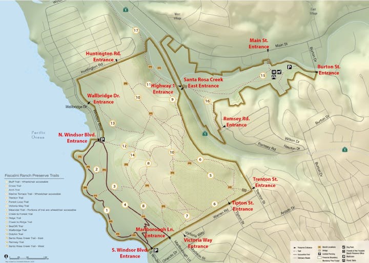 Map of Fiscalini Ranch Preserve, showing trails, entrances, and nearby features around the Pacific Ocean.