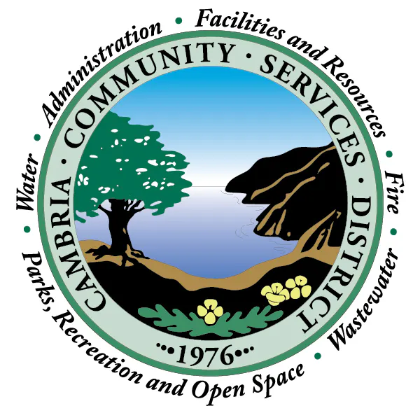 The image shows the Cambria Community Services District seal, featuring water, land, trees, and various service areas like fire and recreation.
