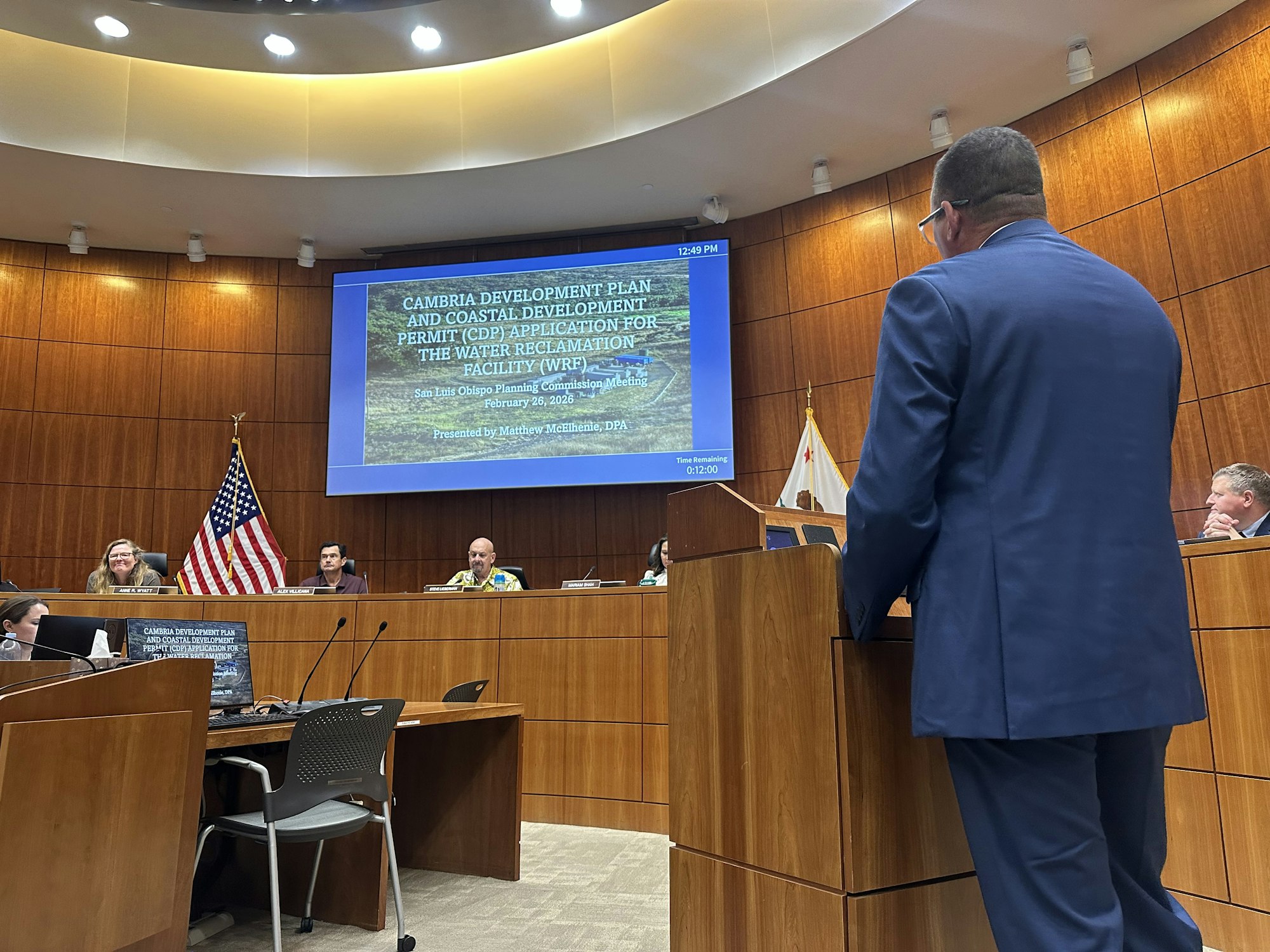 A presentation on the Cambria Development Plan is taking place at a San Luis Obispo Planning Commission meeting.