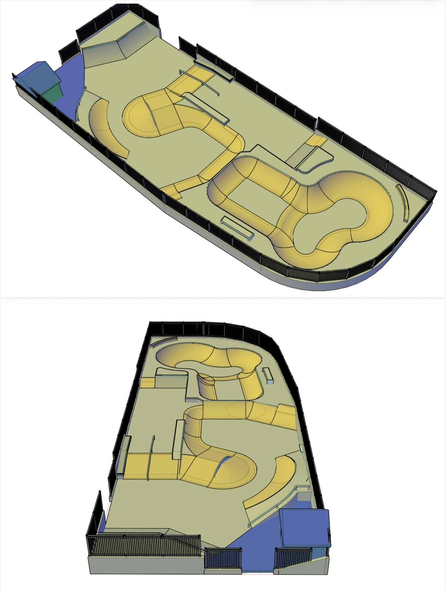 3D design of a skate park with ramps, bowls, and railings, surrounded by fences.