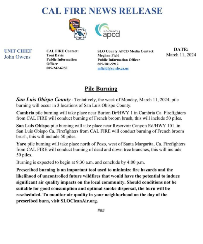 A CAL FIRE news release about prescribed pile burning in San Luis Obispo County to prevent future wildfires.