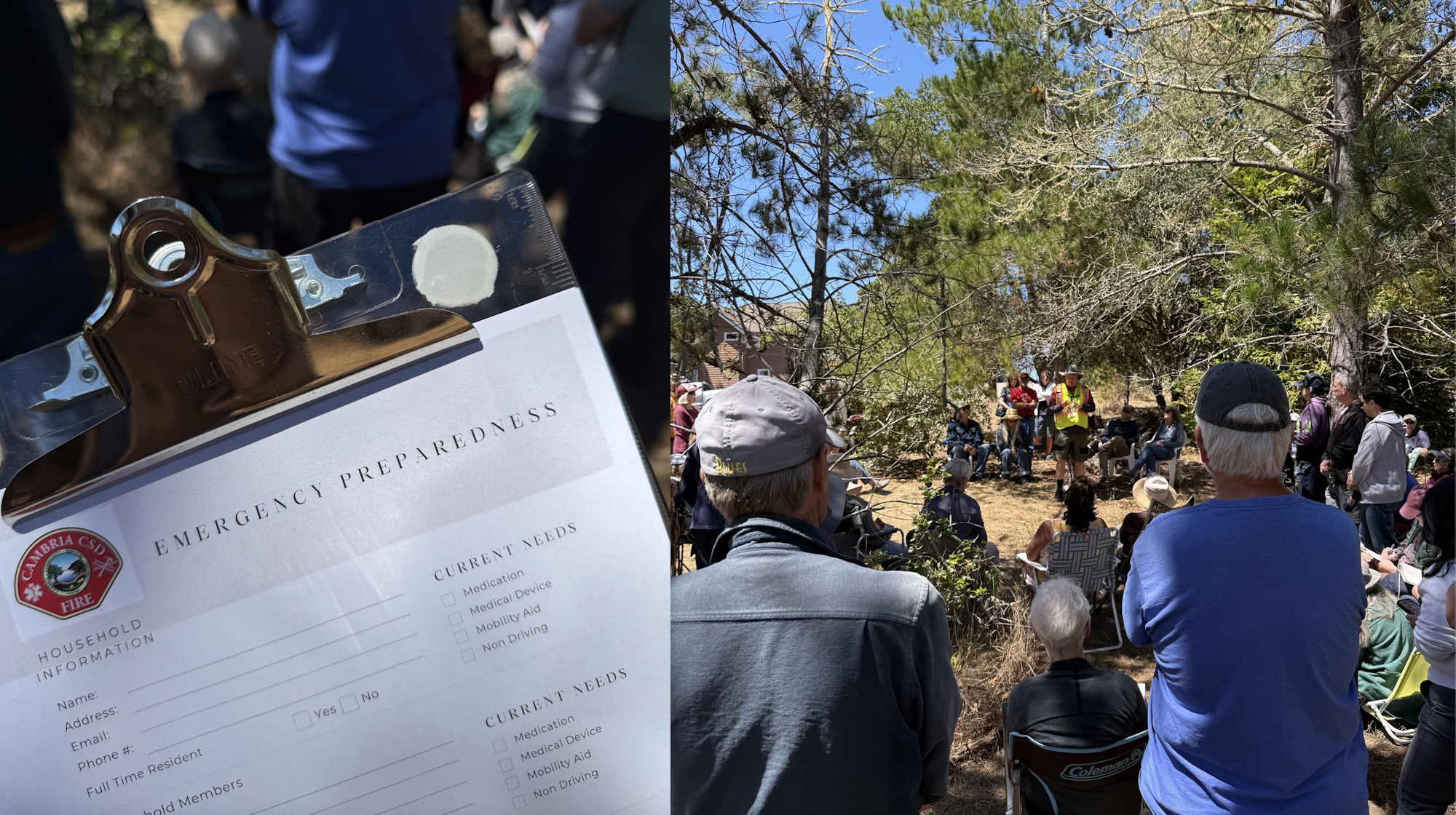 Emergency preparedness form on clipboard; people gathered outdoors near trees, possibly for a community meeting or event.