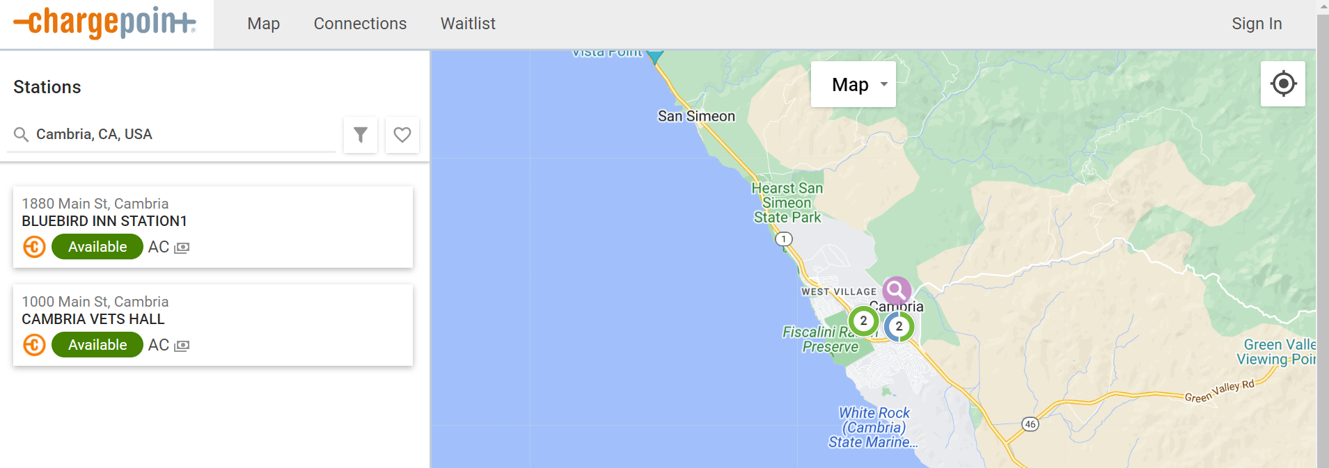 A screenshot of the ChargePoint website showing a map and a list of electric vehicle charging stations in Cambria, California.