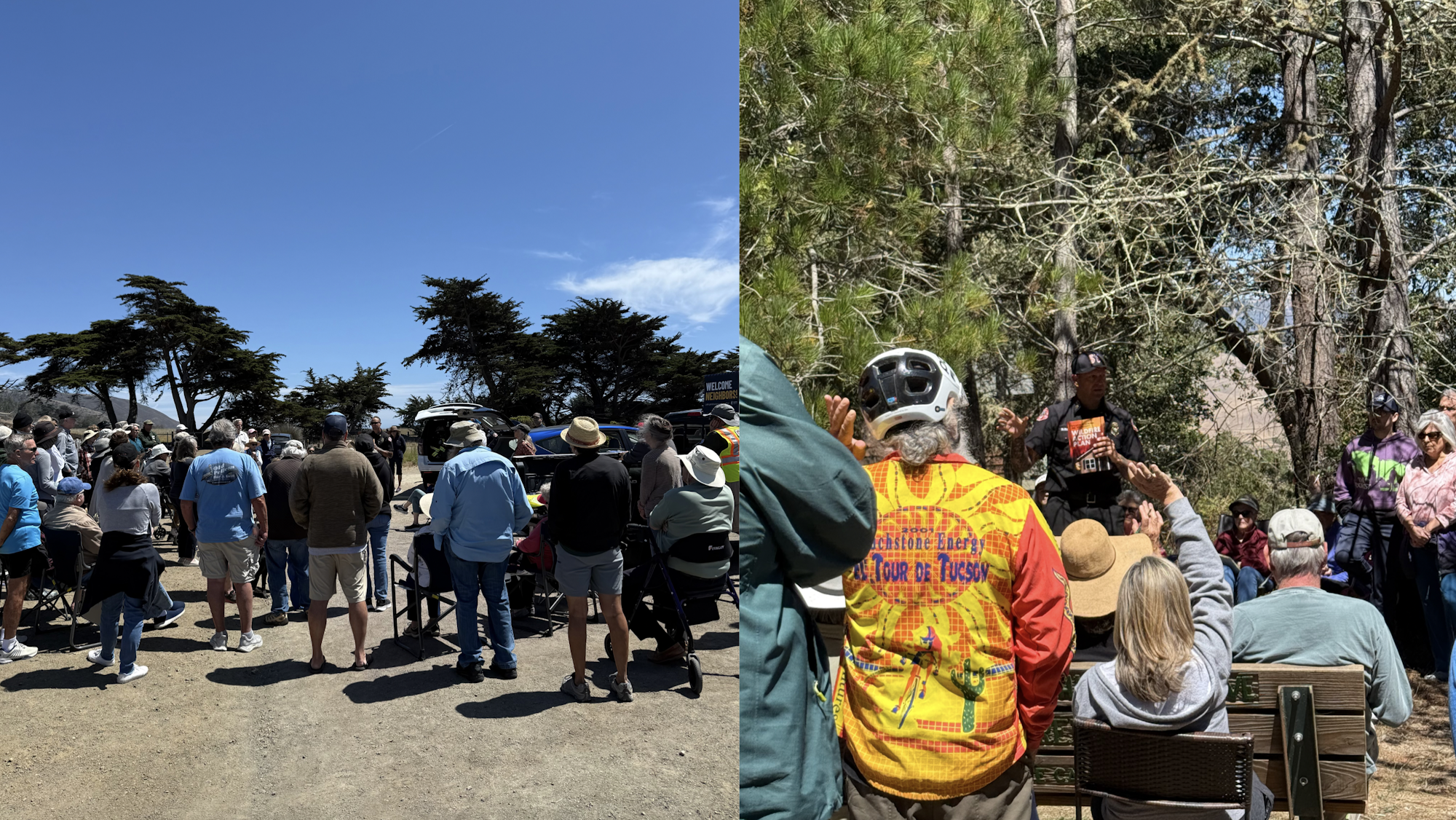 A group of people gathered outdoors listening to speakers, one in a park setting and another near a vehicle.