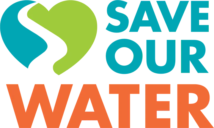 The image features a logo that says "SAVE OUR WATER" with a heart symbol, promoting water conservation.