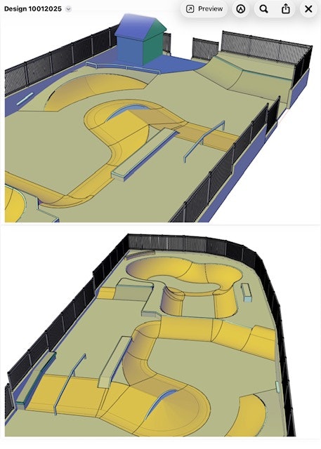 A digital design of a skatepark with ramps, rails, and a bowl, surrounded by fencing.