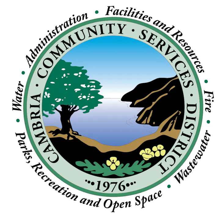 The image features a logo for the Cambria Community Services District, highlighting water, fire, parks, and recreation services.