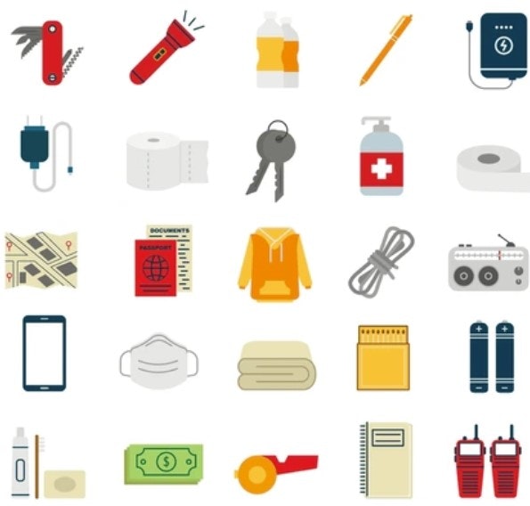 Emergency kit items: multitool, flashlight, water, pen, charger, tape, keys, sanitizer, map, documents, hoodie, rope, radio, phone, mask, towel, notepad, toothpaste, money, whistle, notebook, walkie-talkies, batteries.