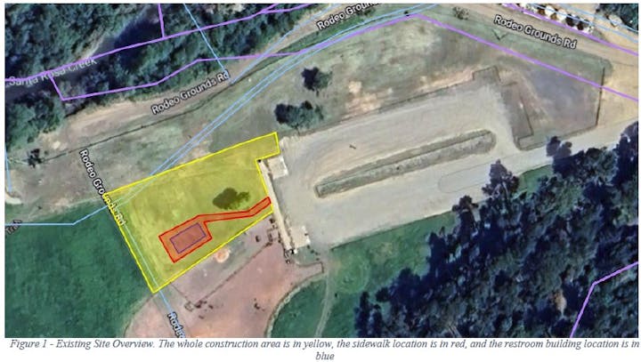 Aerial map with marked construction zones for restrooms and sidewalks at a park or event space.
