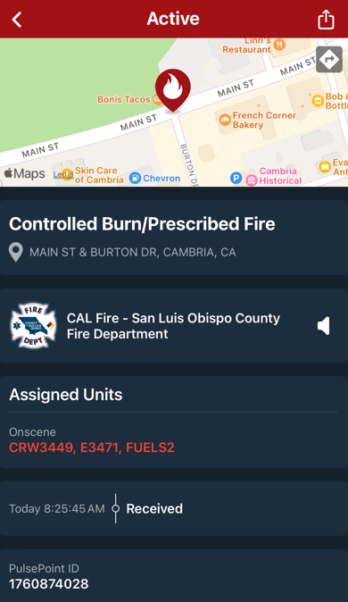 Screenshot of a mobile alert for a controlled burn/prescribed fire in Cambria, CA with emergency units assigned.