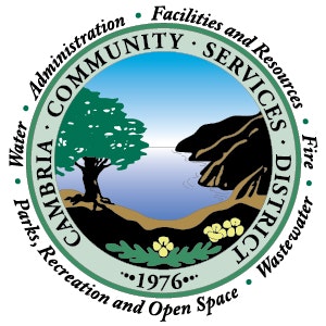 Seal of Cambria Community Services District, depicting a coastal scene with a tree, cliffs, and water. Text about services such as water and fire.