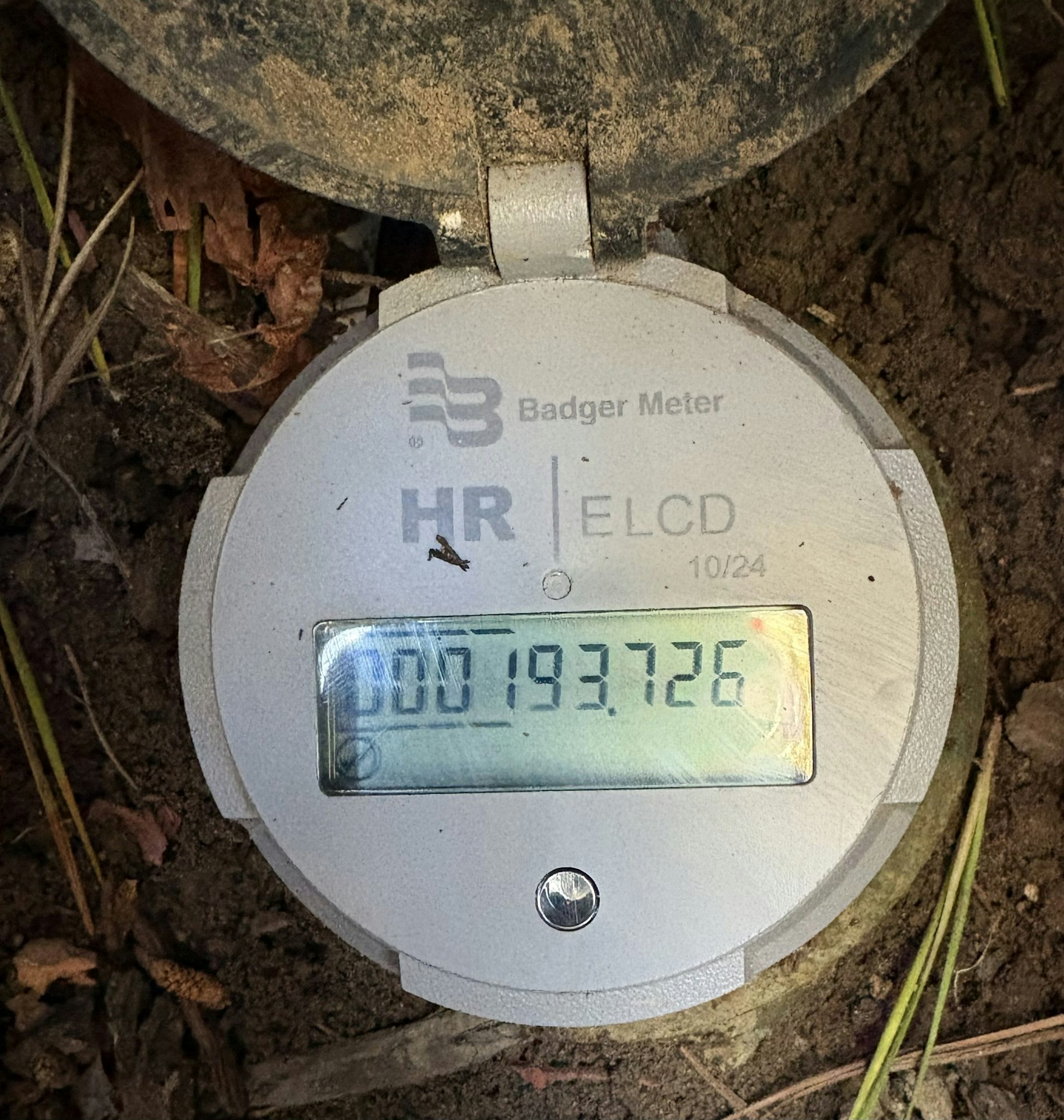 A Badger Meter displaying "000193726" on the screen, surrounded by dirt and leaves.