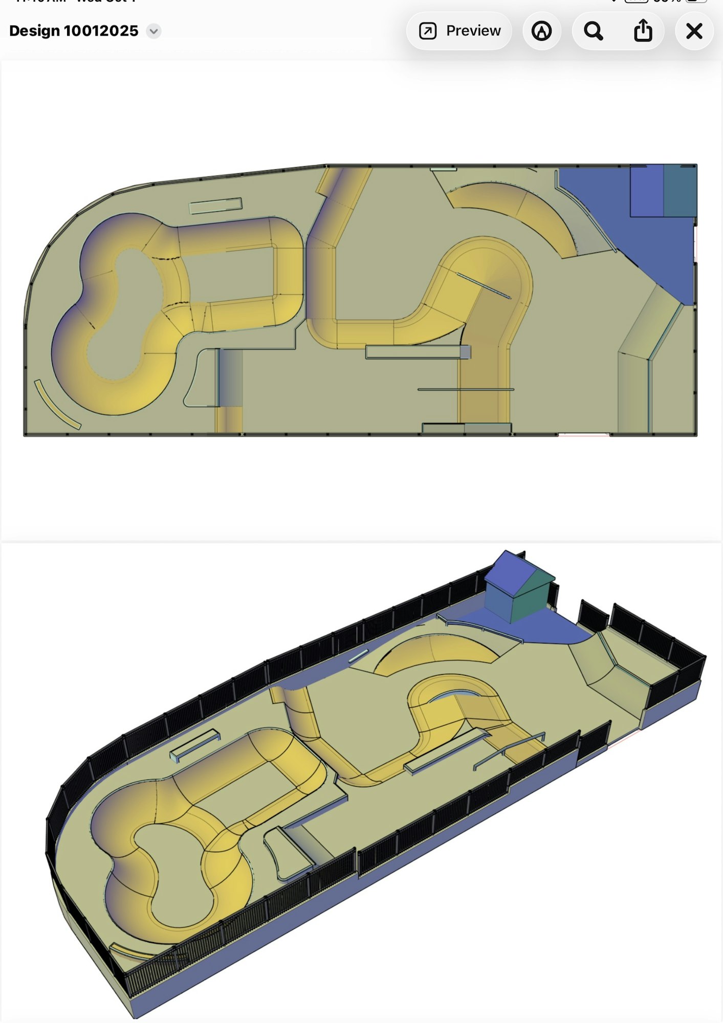 A 3D skatepark design with various ramps and bowl features.