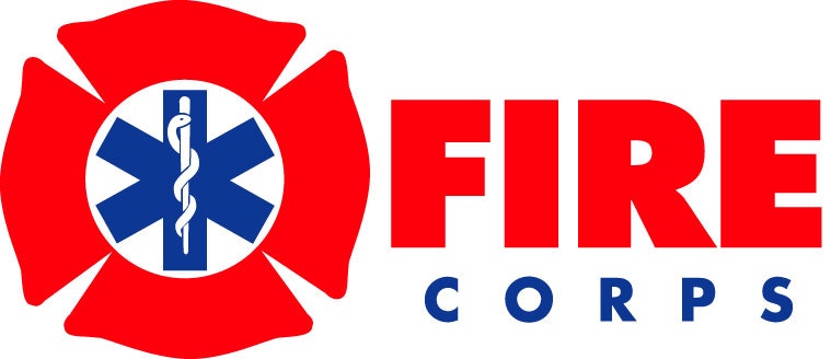 Logo with a red Maltese cross and blue Star of Life, featuring a rod of Asclepius, alongside the text "FIRE CORPS."