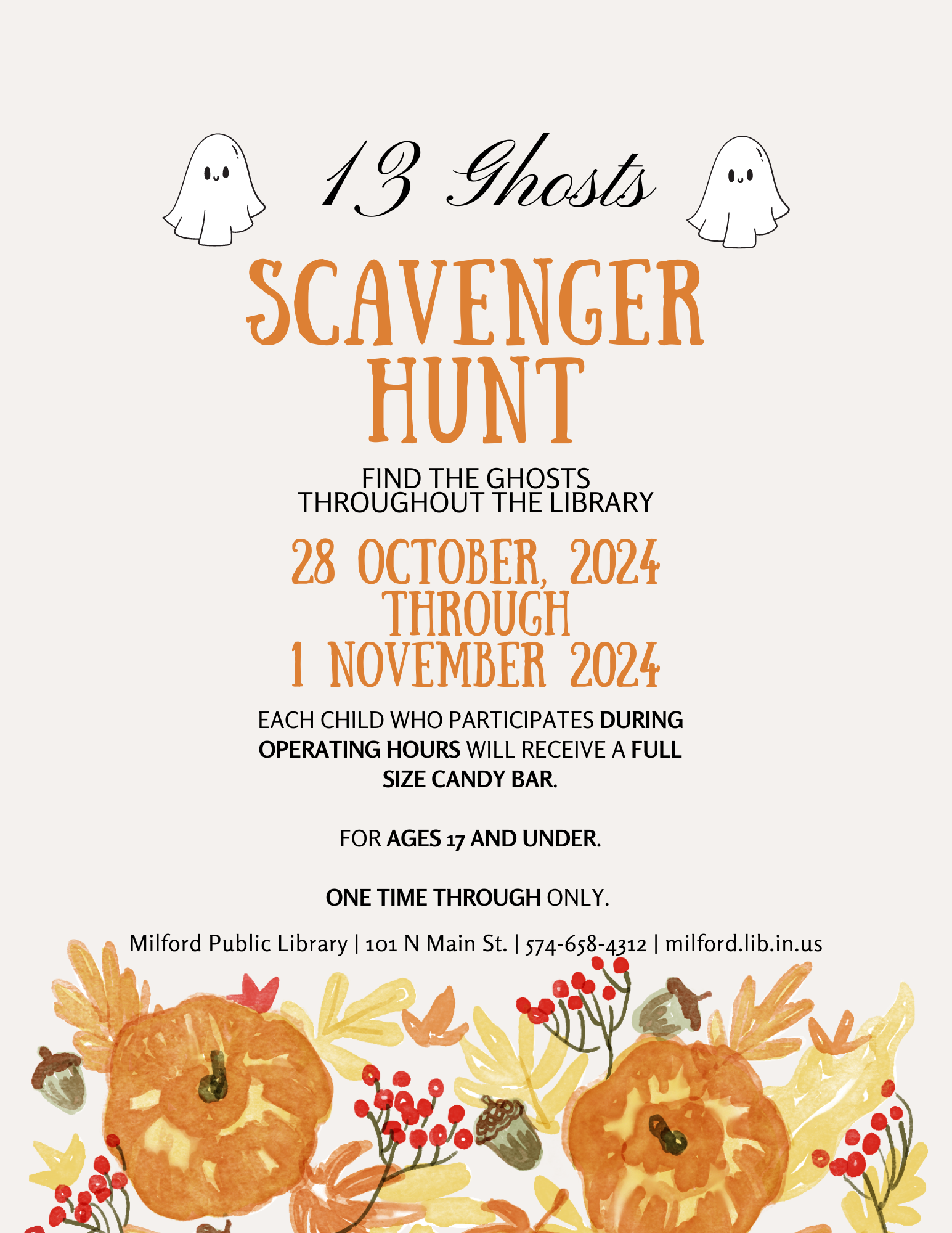 A poster for a "13 Ghosts Scavenger Hunt" at Milford Public Library from Oct 28 to Nov 1, 2024.