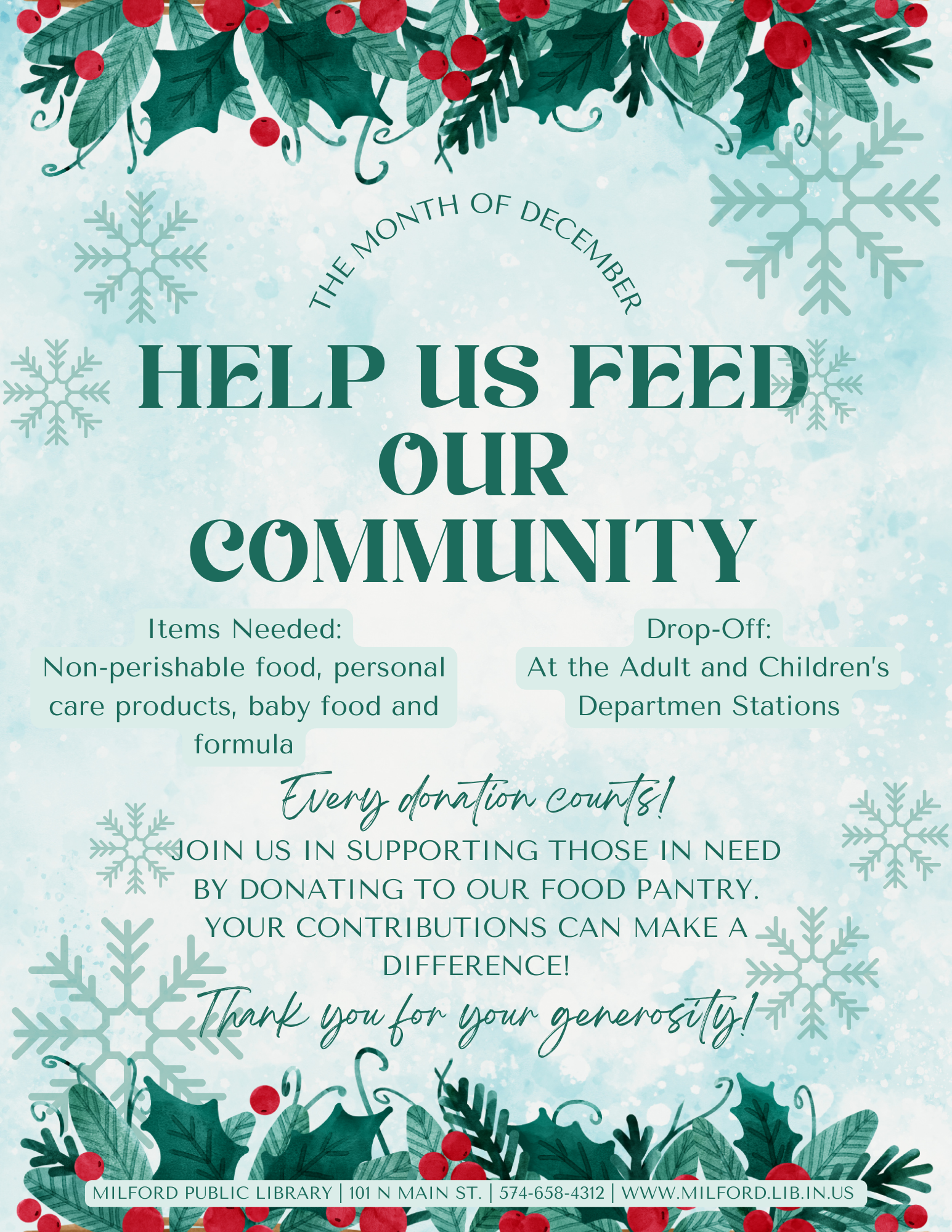 December food drive flyer: Donate non-perishables and essentials at Milford Public Library. Every donation makes a difference!