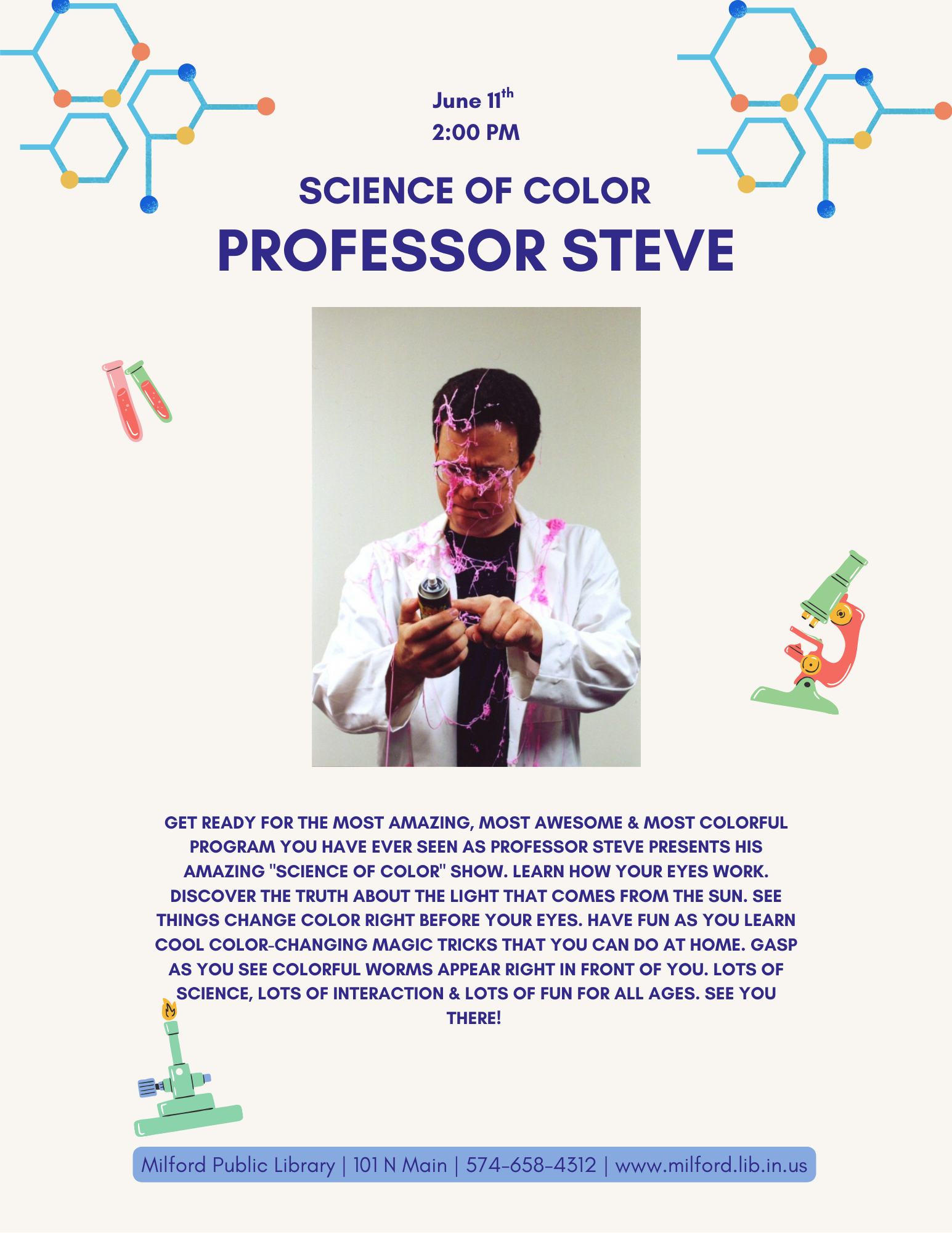 Event flyer for "Science of Color" with Professor Steve at Milford Library on June 11th, 2 PM. Enjoy color-changing magic.