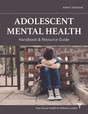 Cover of "Adolescent Mental Health: Handbook & Resource Guide" showing a person sitting on a bench with head down.