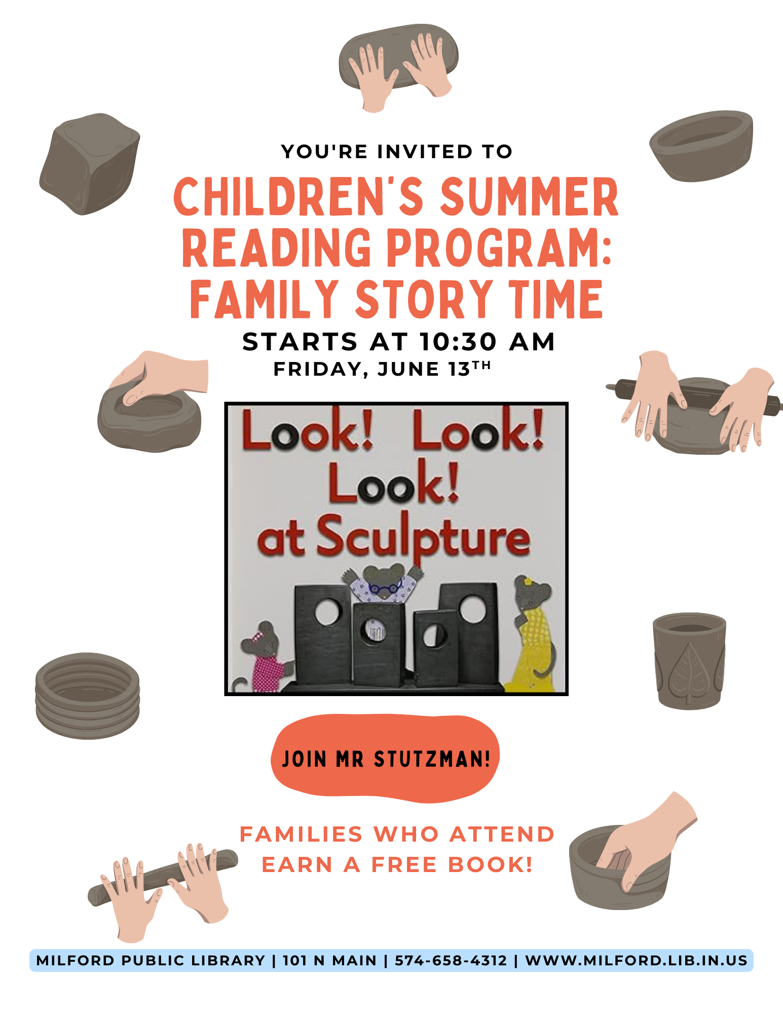 Children's summer reading program at Milford Library, June 13th, 10:30 AM. Attend to earn a free book. Join Mr. Stutzman!