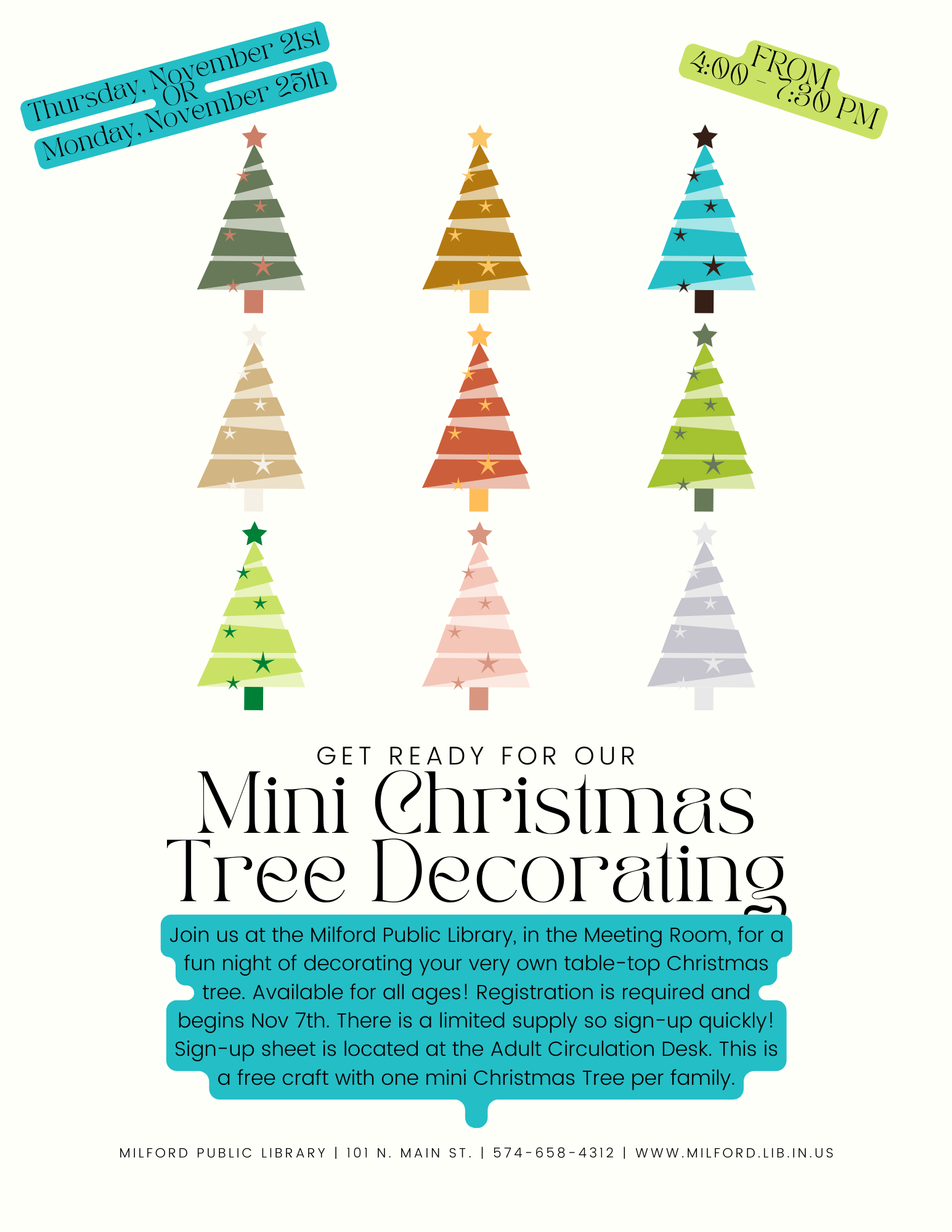 A flyer for a Mini Christmas Tree Decorating event at Milford Public Library with date, time, and registration details.