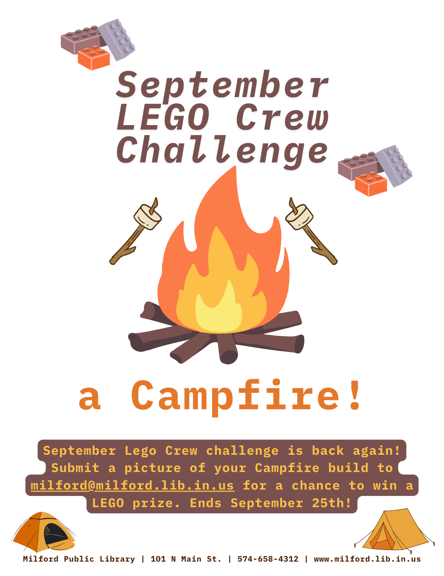 Milford Public Library's September LEGO Crew Challenge invites submissions of campfire builds for a chance to win a LEGO prize by Sept 25th!