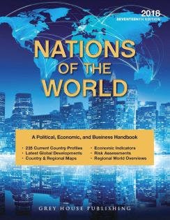 Book cover titled "Nations of the World," a political, economic, and business handbook by Grey House Publishing, 2018 edition.