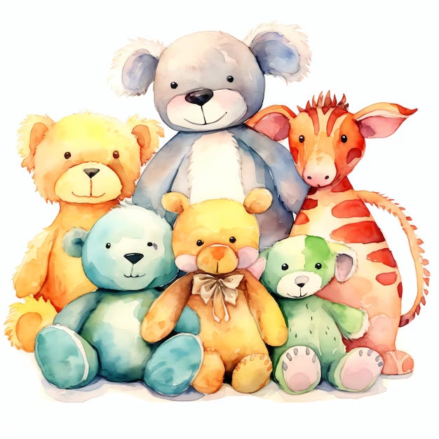 A collection of colorful, watercolor-painted stuffed animals, including bears and a giraffe.