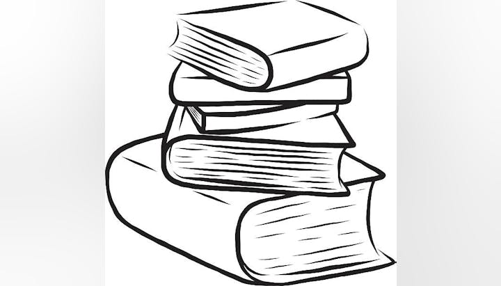 A stack of three books in a line drawing style.
