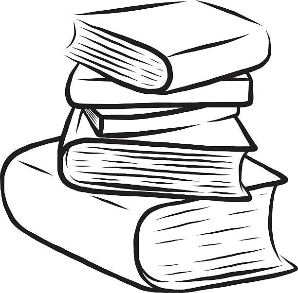 A stack of three books in a line drawing style.