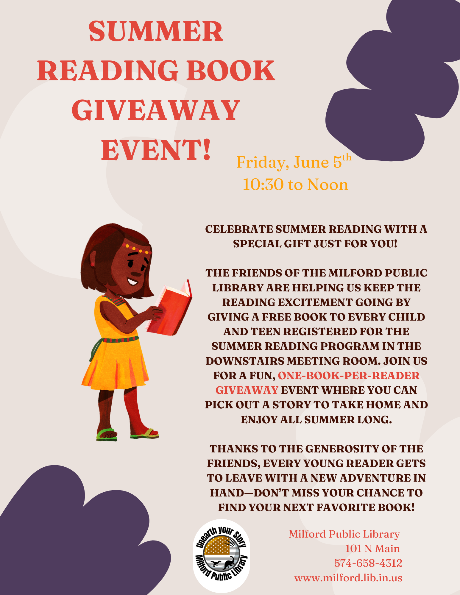 Summer reading book giveaway event at Milford Public Library on June 5th, 10:30 AM - Noon. Free books for kids and teens!