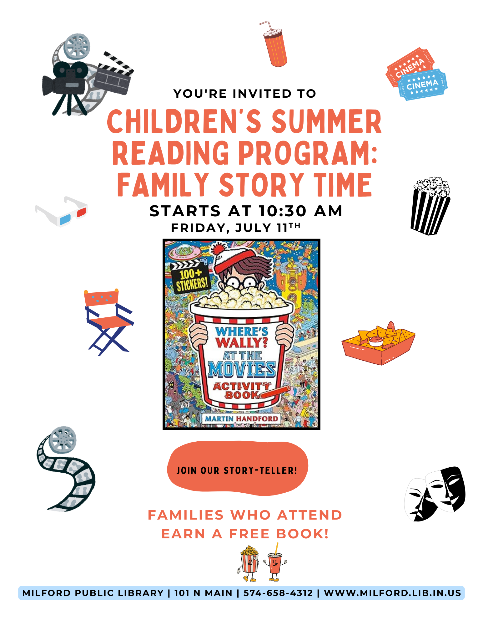 Children's Summer Reading Program: Family Story Time, July 11th, 10:30 AM, at Milford Public Library. Free book for attendees!