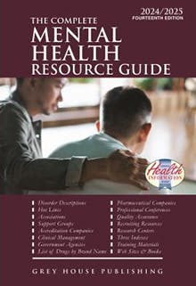 A book cover titled "The Complete Mental Health Resource Guide, 2024/2025 Fourteenth Edition" by Grey House Publishing.