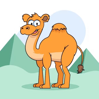 A cartoon camel in front of mountains.