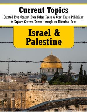 Cover titled "Current Topics: Israel & Palestine" with an image of a cityscape featuring the Dome of the Rock.
