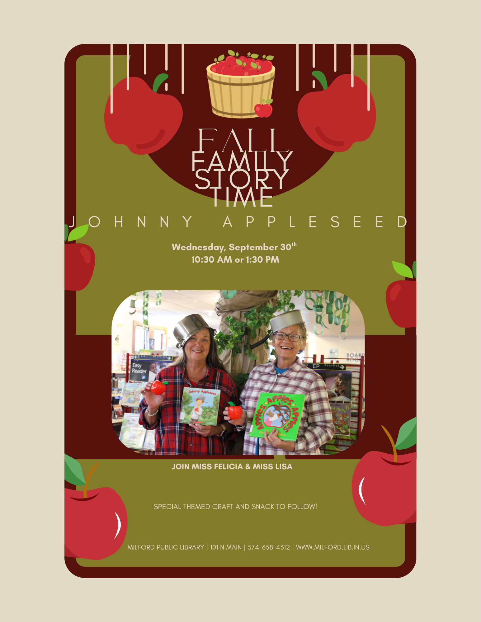 Event flyer for a "Fall Family Story Time" featuring Johnny Appleseed on Sept 30 at Milford Public Library, with crafts and snacks.