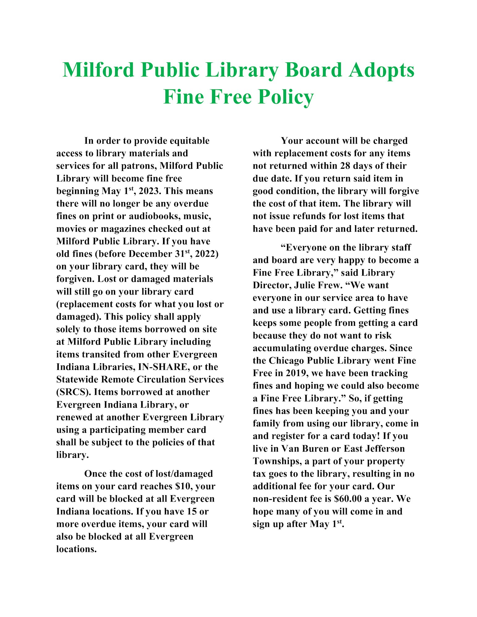 This image is of a document announcing that Milford Public Library will adopt a fine-free policy starting May 1st, 2023.