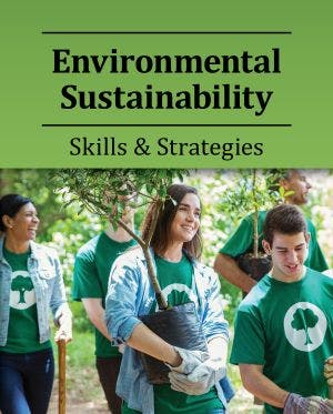 People in green shirts planting trees, promoting "Environmental Sustainability: Skills & Strategies."