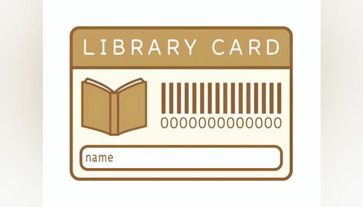Illustration of a blank library card with barcode and space for a name.