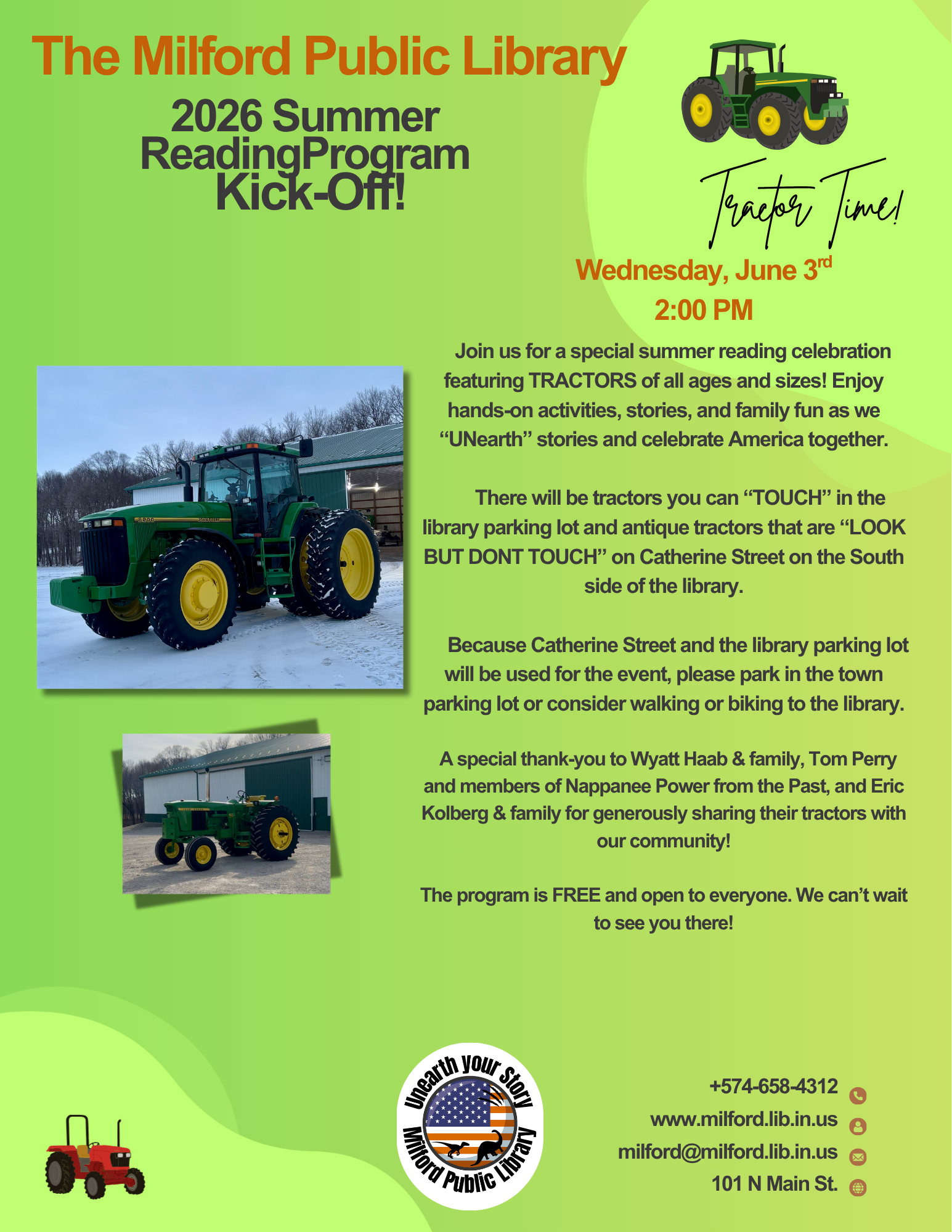 The Milford Public Library is hosting a Summer Reading Program kick-off on June 3rd featuring tractors, activities, and stories.