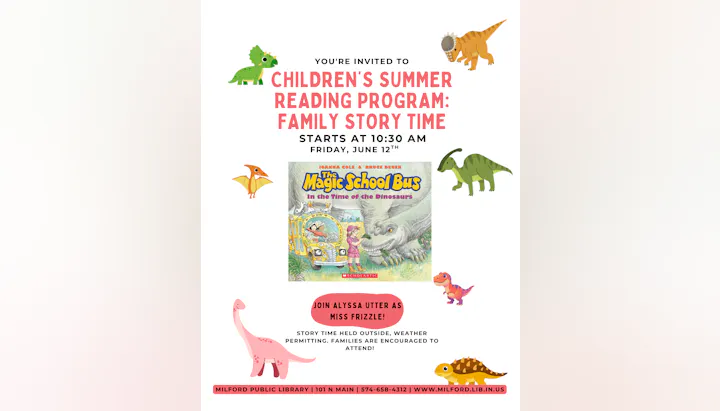 Children's summer reading program at Milford Public Library on June 12th, 10:30 AM. Join for an outdoor story time!