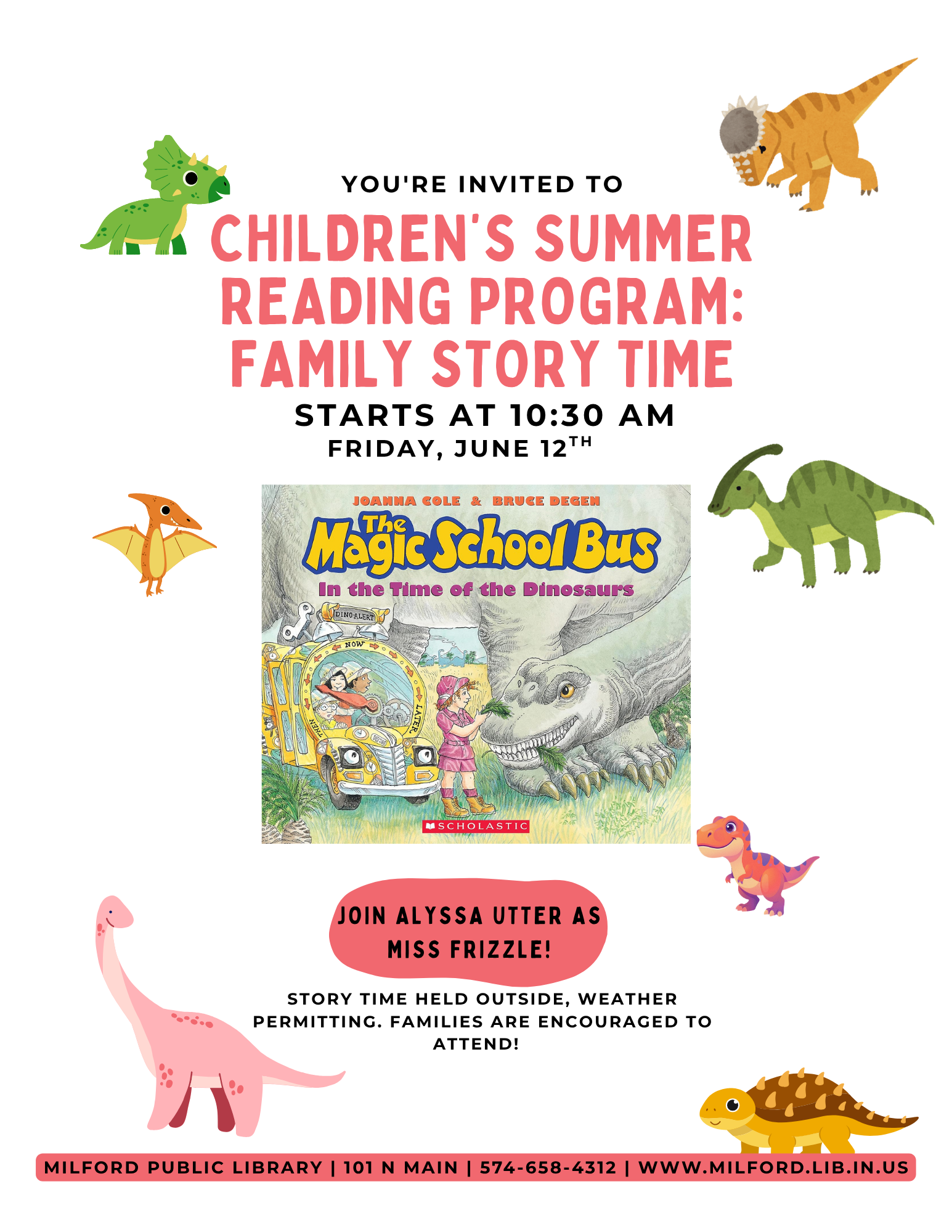 Children's summer reading program at Milford Public Library on June 12th, 10:30 AM. Join for an outdoor story time!