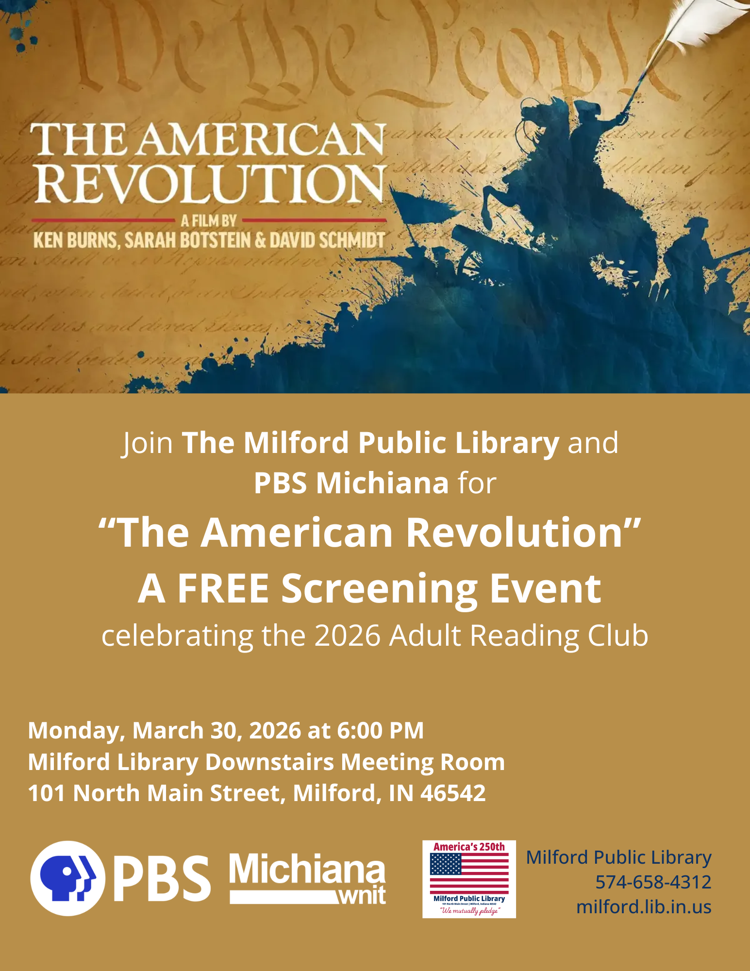 Free screening of "The American Revolution" by PBS Michiana at Milford Public Library on March 30, 2026, at 6 PM.