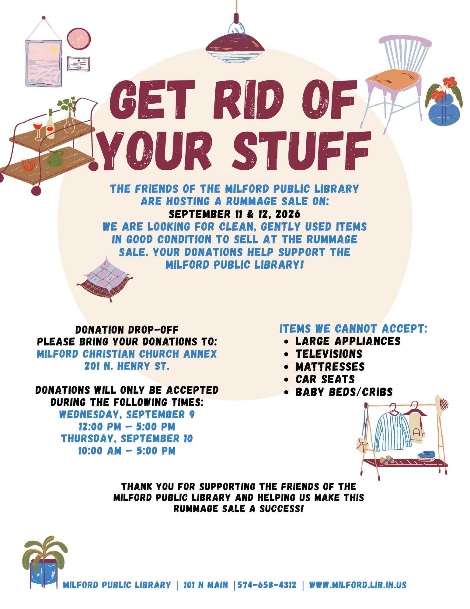 Rummage sale by Milford Public Library on Sept 11-12, 2026. Donations accepted Sept 9-10. No large appliances or cribs.