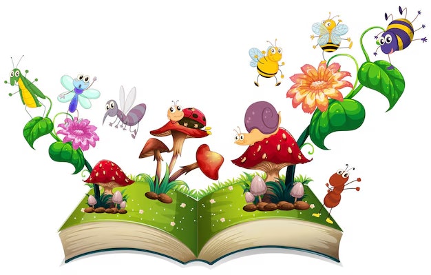 An open book with colorful illustrations of insects, mushrooms, and plants, creating a whimsical nature scene.